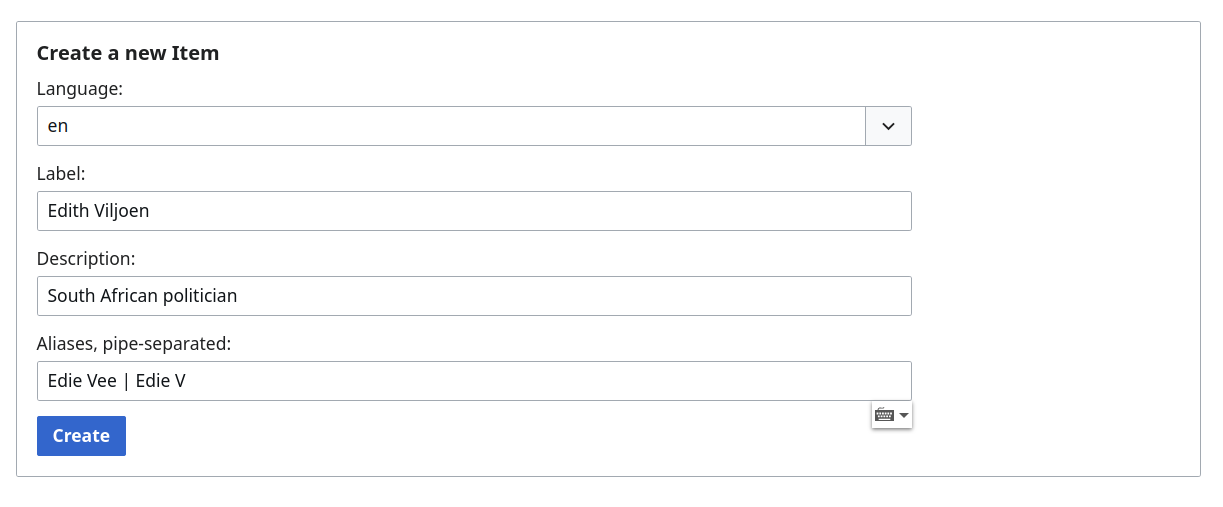 A 'Create a new Item' form with example data filled in