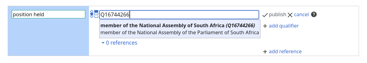 Pasting in the correct Q-id gives the correct position name, 'member of the National Assembly of South Africa'.