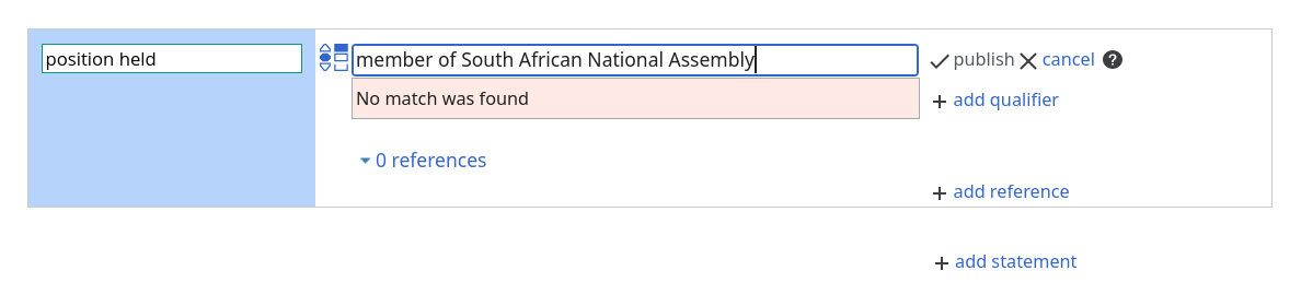 'Member of South African National Assembly' gives a `No match was found` result.