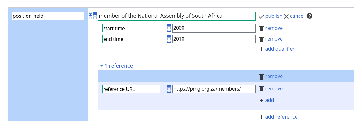 A 'position held' statement as described previously, this time with start and end times of 2000 and 2010 added, as well as a reference URL