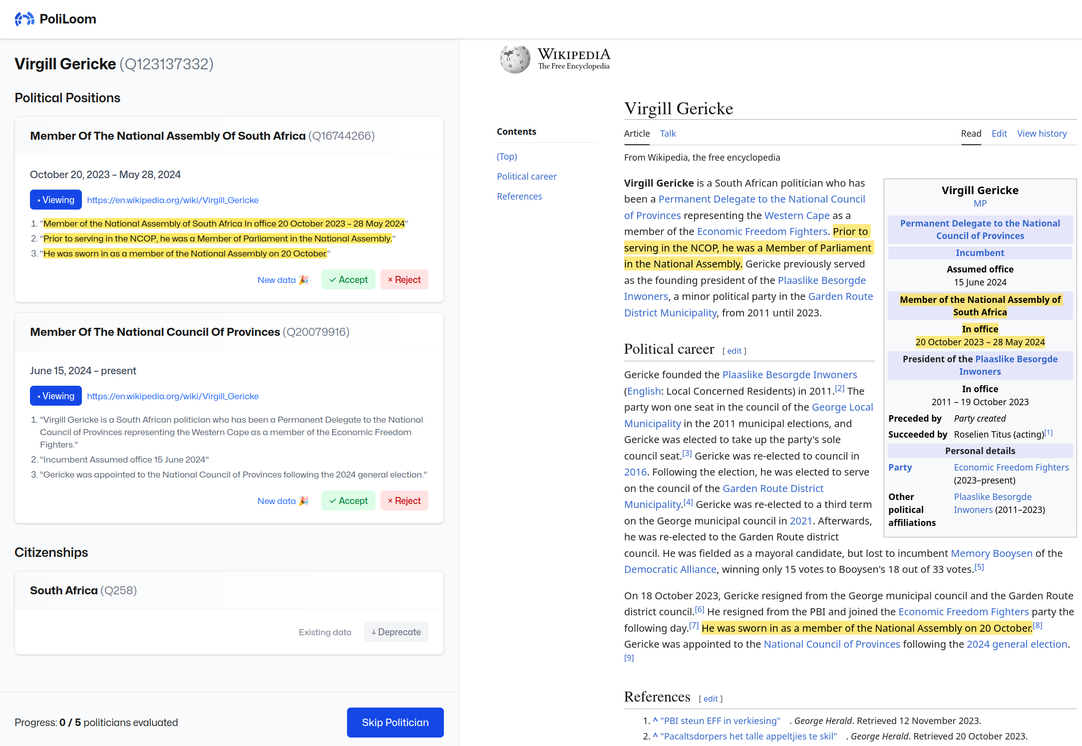 A screenshot of PoliLoom in action, with data to be confirmed on the left and the source displayed on the right